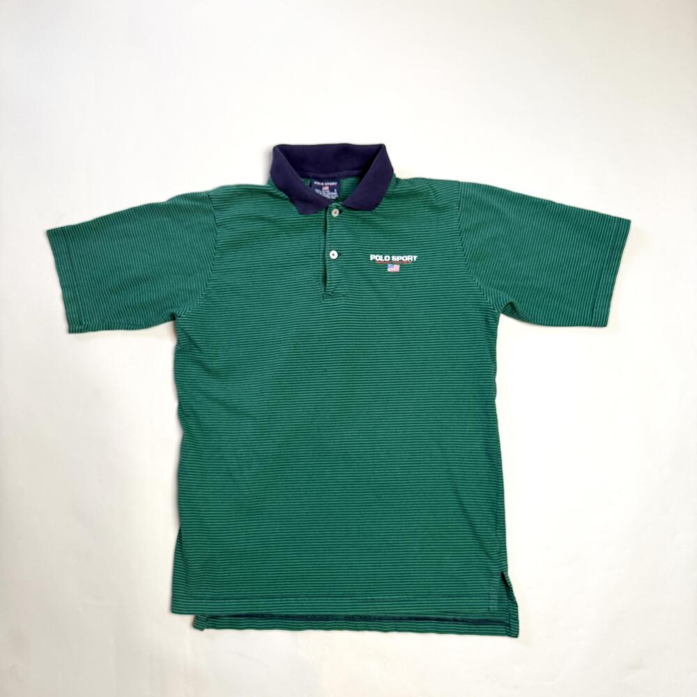 Vintage Polo Sport Ralph Lauren Polo Shirt Mens Large Green Stripe USA Flag Logo
